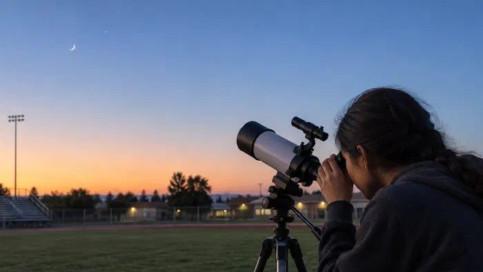 Student at a telescope at dusk