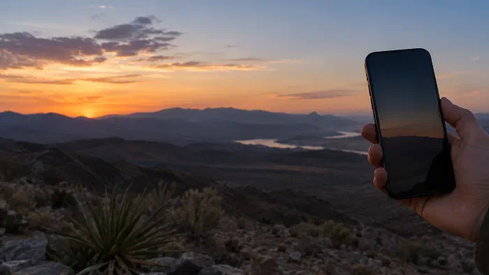 Phone held up against a sunset horizon