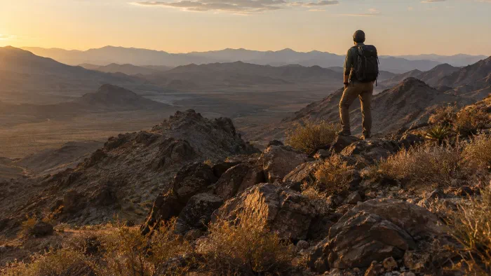 Hiker on a desert ridge at sunrise